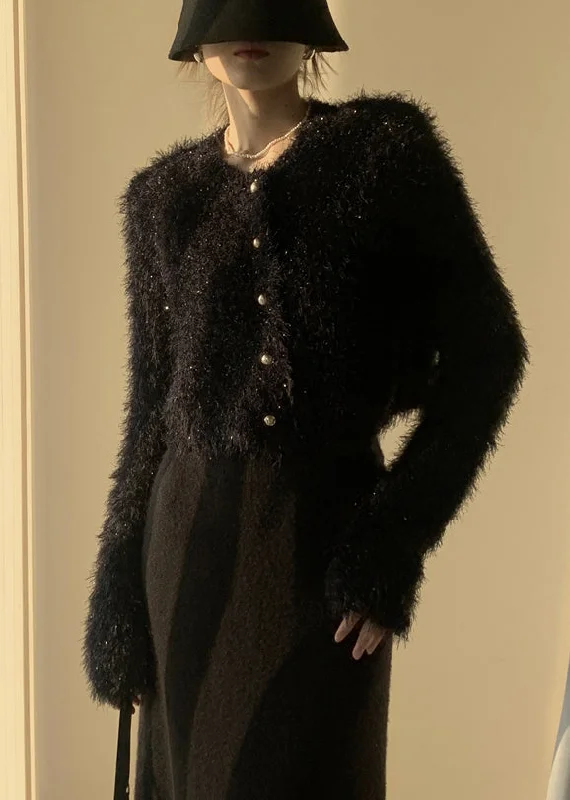 British Fashion Black Fluffy Solid Knit Cardigan O-Neck Winter