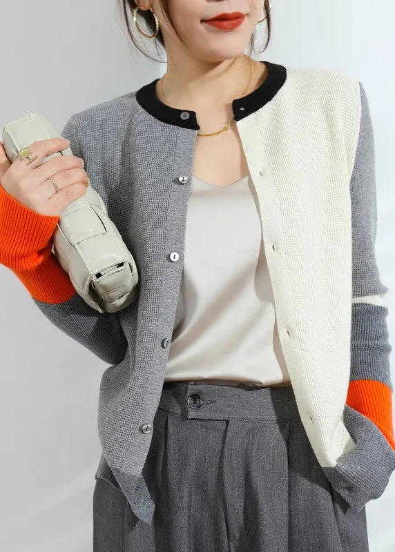 Comfortable Lounge Wear Chic Grey Asymmetrical Button Knit Cardigans Fall