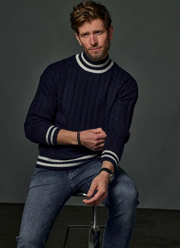 Exquisite Details Men's Oslo Cashmere Mock-Neck Cable Sweater in Navy