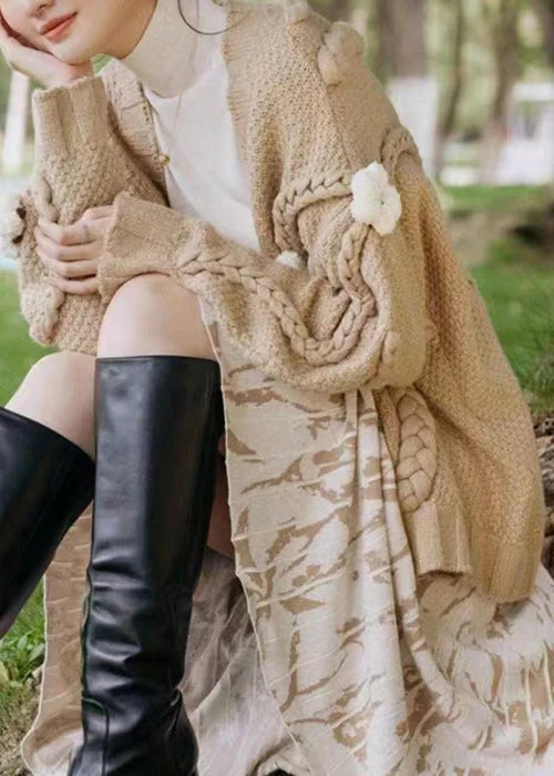 Summer Comfort Floral Khaki V Neck Patchwork Cable Knit Cardigan Fall