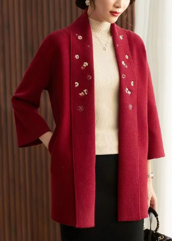 Wandering freely Bohemian Red Embroideried Pockets Patchwork Knit Cardigans Fall