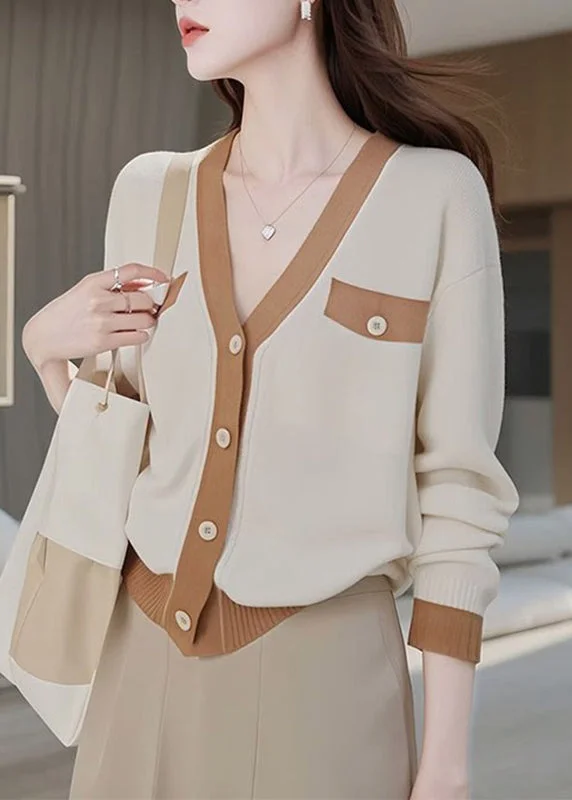 Modern Comfort Wear Fashion Colorblock V Neck Patchwork Button Cotton Knit Cardigans Fall
