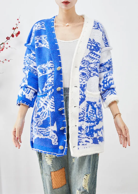 Casual Chic Looks Blue Tie Dye Knit Cardigan Asymmetrical Button Down Fall