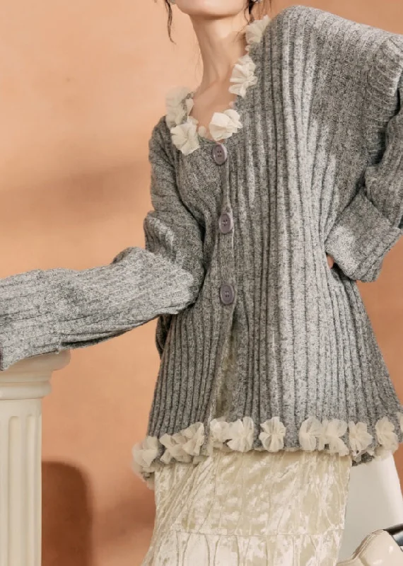 Soft Fabrics Casual Grey Button Tulle Patchwork Cotton Knit Cardigan Winter