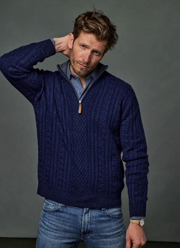 Comfortable Jeans Men's Aalborg Cable Quarter Zip Cashmere Sweater in Navy