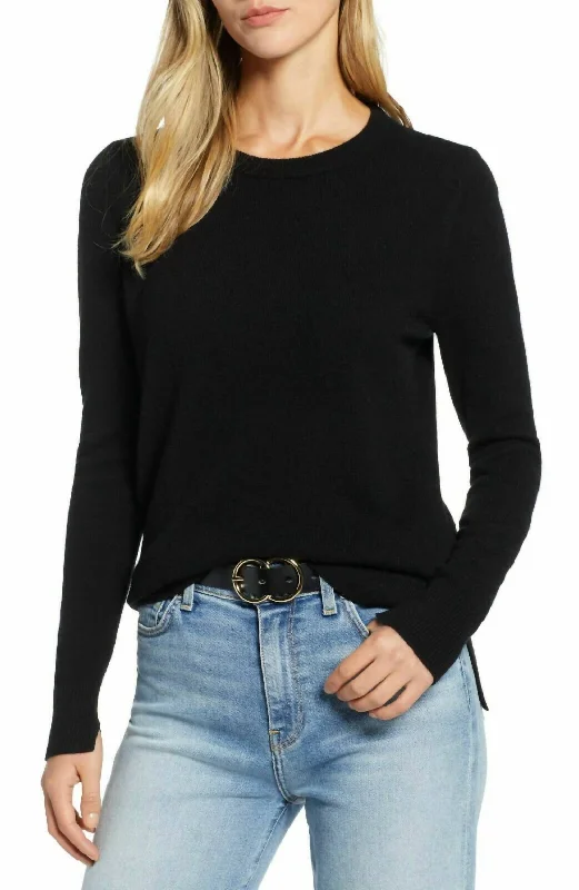 Soft Comfort Wear Crewneck Cashmere Petite Lightweight Side Slits Sweater In Black