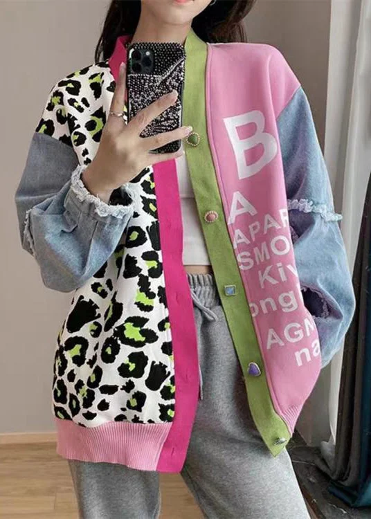 American Style Chic Pink V Neck Print Denim Patchwork Knit Cardigan Spring
