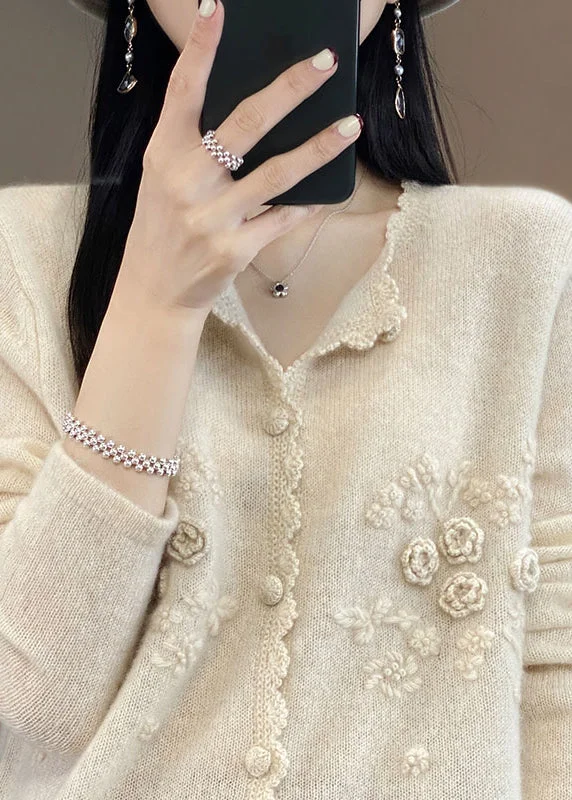 Elegant Dressing Cute Apricot Rose Floral Button Cashmere Knit Cardigans Long Sleeve
