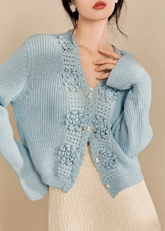 Easy Chic Elegant Blue V Neck Hollow Out Knit Cardigan Fall
