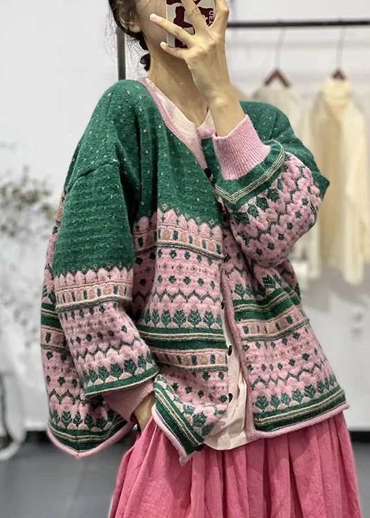 Modernism Bohemian Green O Neck Embroideried Button Knit Cardigans Fall