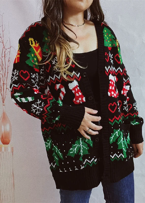 Goddess Outfit Beautiful Black V Neck Jacquard Knit Cardigan Fall