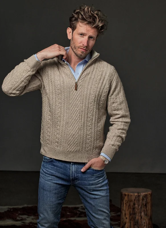 Modern Chic Men's Aalborg Cable Quarter Zip Cashmere Sweater in Light Taupe