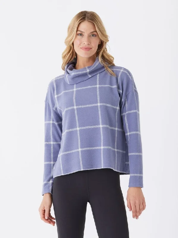 Embroidered Letters Loren Prairie Plaid Knit Fleece Cowl Neck Top
