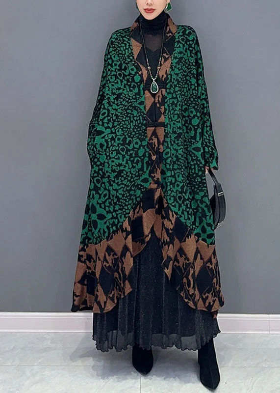 Comfortable Jackets Elegant Green V Neck Print Patchwork Long Knit Cardigans Fall