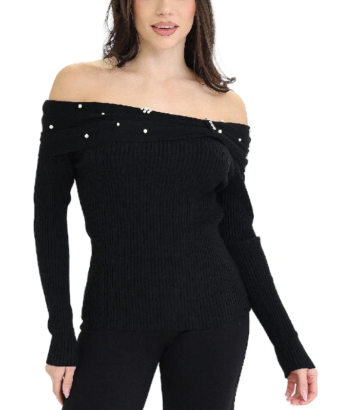Versatile Itinerary Off Shoulder Top w/ Pearls & Rhinestones