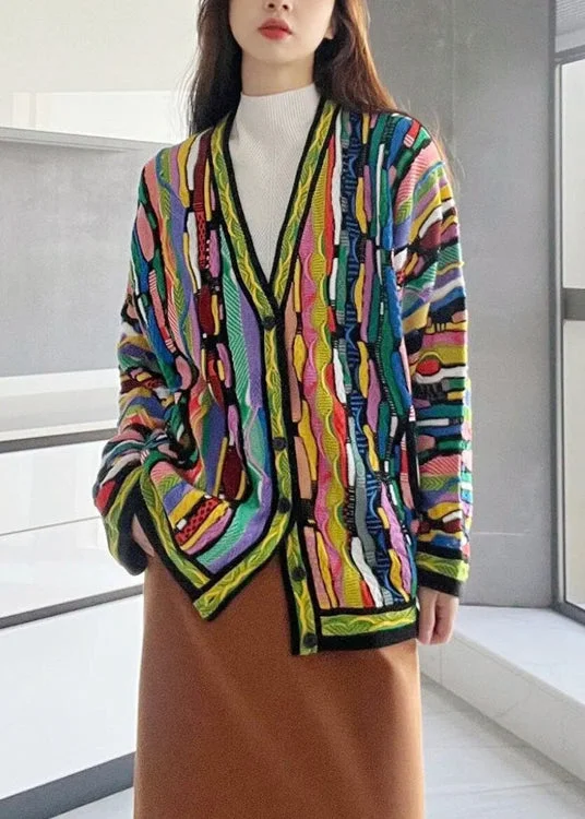 High Street Fashion Beautiful Rainbow V Neck Button Cotton Knit Cardigan Long Sleeve