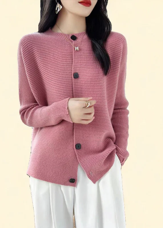 Sports And Leisure Fine Pink O-Neck Button Cotton Knit Cardigans Fall