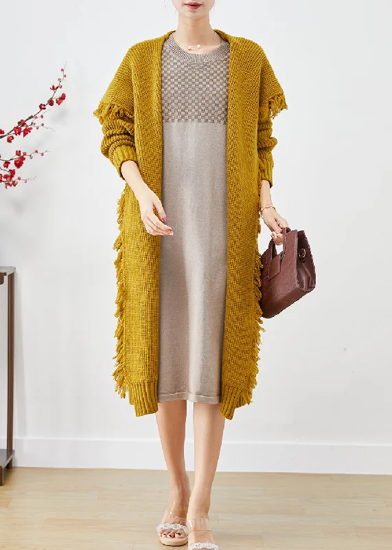 High-end Design Boho Yellow Sailor Collar Tasseled Knit Cardigan Fall
