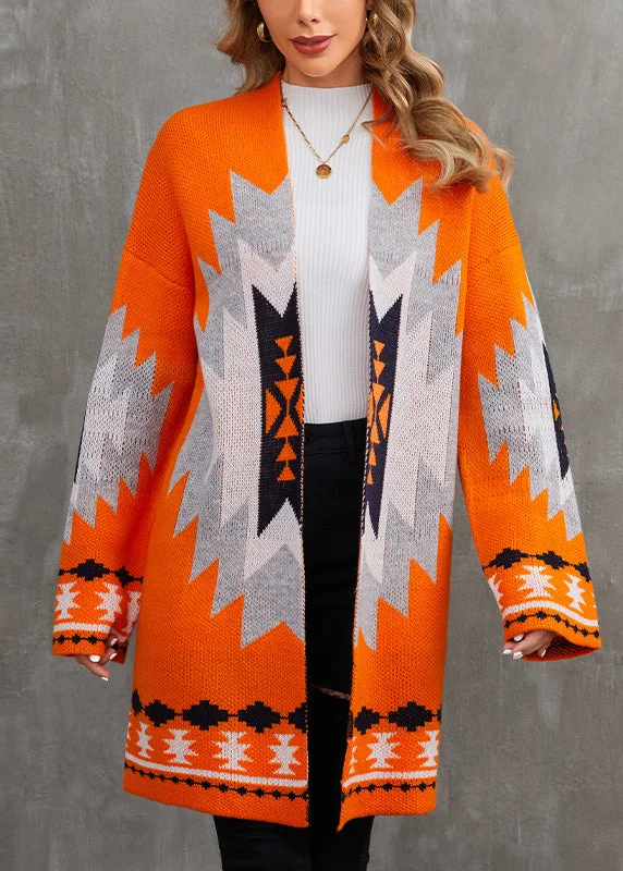 High-quality Fabrics Chic Orange V Neck Patchwork Knit Cardigan Fall