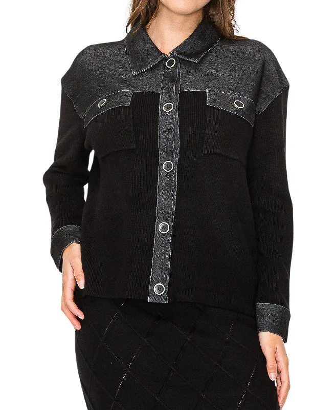 Relaxed Weekend Wear Mixed Media Knit Shirt