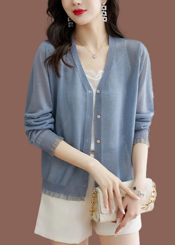Economic Outlook Modern Blue V Neck Lace Patchwork Button Ice Size Knit Cardigans Long Sleeve