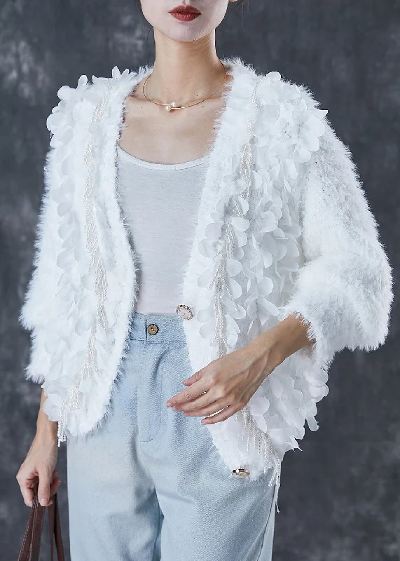 Soft Wear Fitted White Tasseled Nail Bead Knit Cardigan Spring