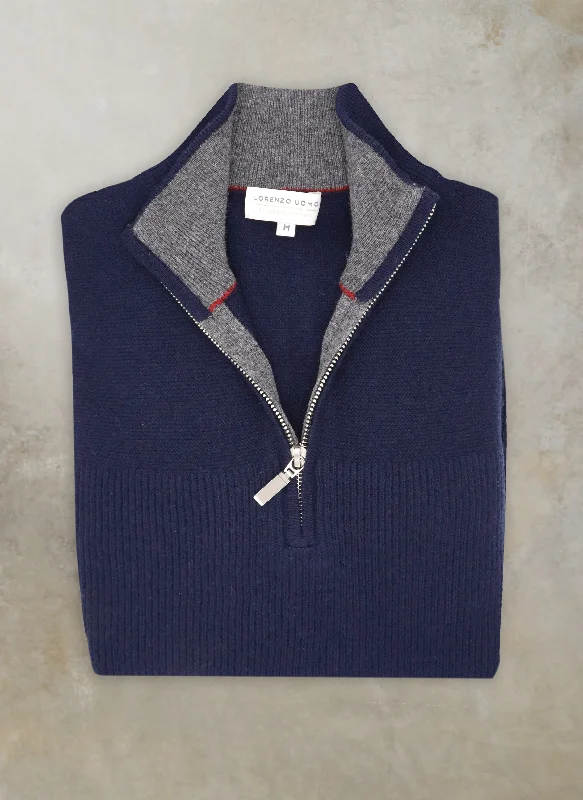 Advanced Customization Men's Botticino Double Knit Quarter Zip Cashmere Sweater in Navy