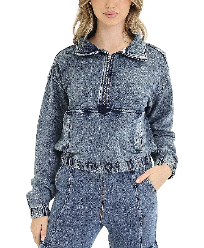 Casual And Comfortable Denim Washed 1/2 Zip Top