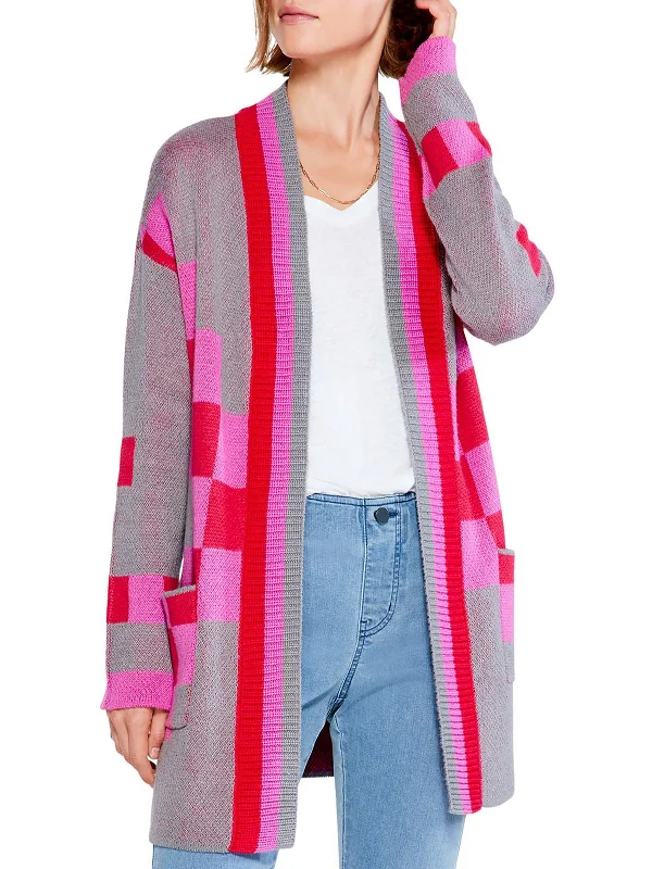 Design Perception Checked Away Womens Knit Open Front Cardigan Sweater