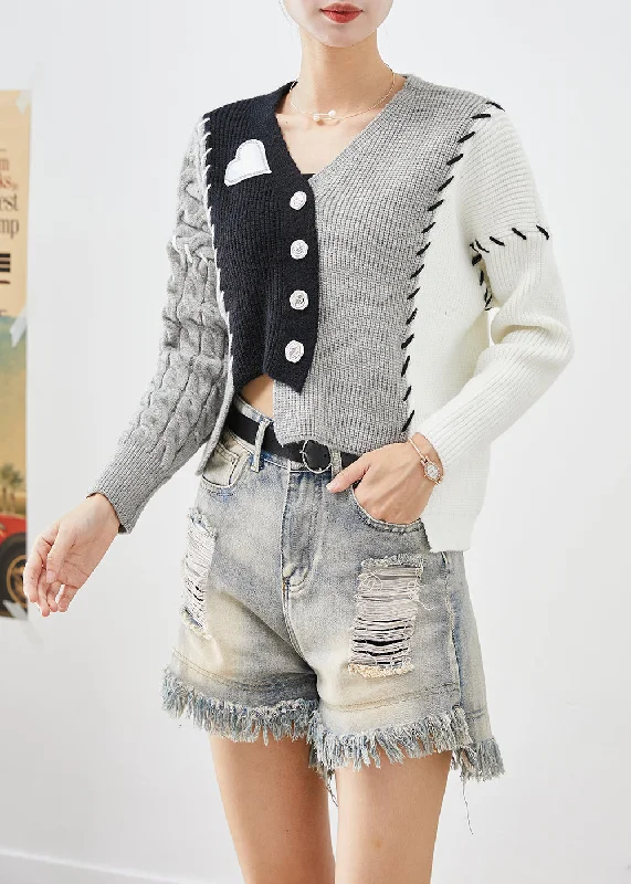 Must-have For Fashion Beautiful Black Asymmetrical Patchwork Knit Cardigan Fall