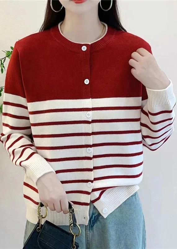 Relaxed Fit Elegant Red Striped Button Knit Cardigan Fall