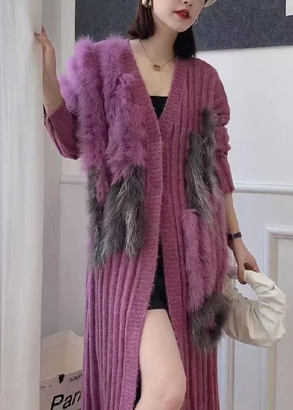 British Style Boutique Purple Fox Fur Patchwork Knit Cardigans Fall