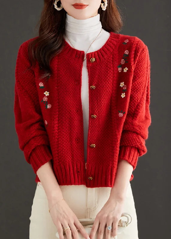 Everyday Style Art Red Embroidered Button Knit Cardigan Fall
