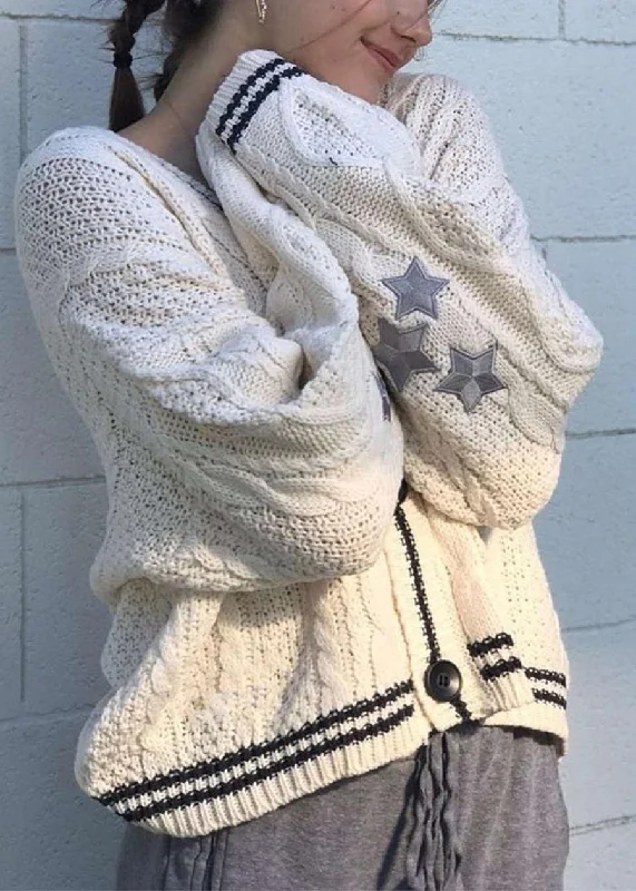Fresh Wear Casual White V Neck Embroidered Knit Cardigan Fall