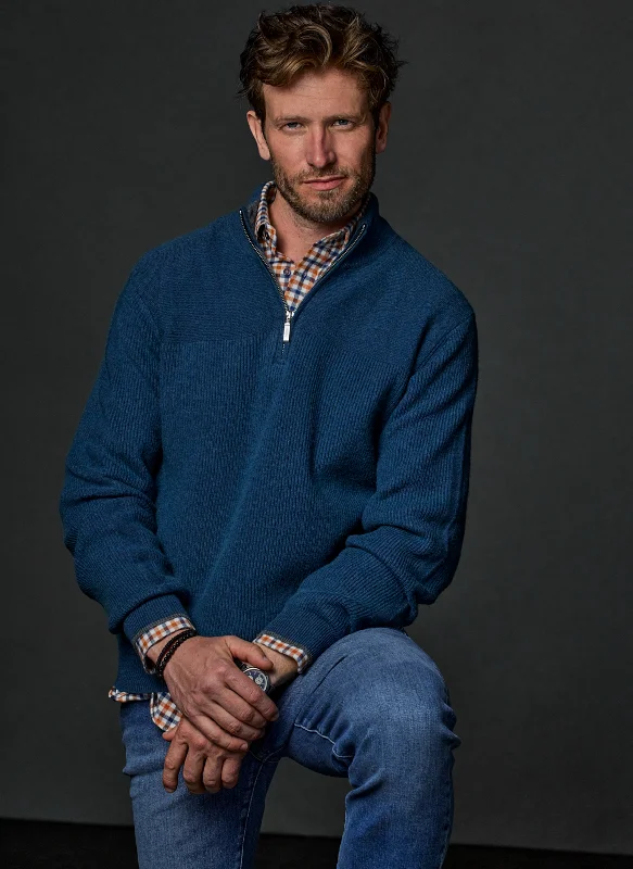 Casual Street Men's Botticino Double Knit Quarter Zip Cashmere Sweater in Teal