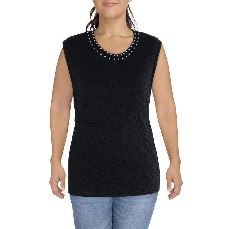 Comfortable Dresses Coin 1804 Womens Plus Jewel Neck Beaded Tank Top Sweater