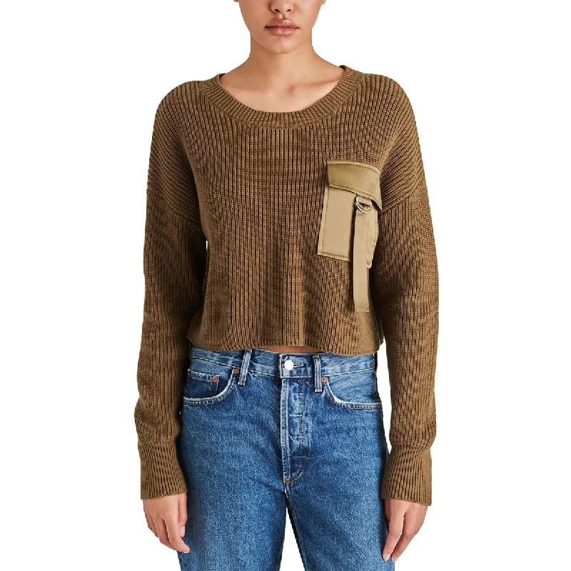 Relaxed Jackets Steve Madden Womens Ribbed Trim Buckle Crewneck Sweater
