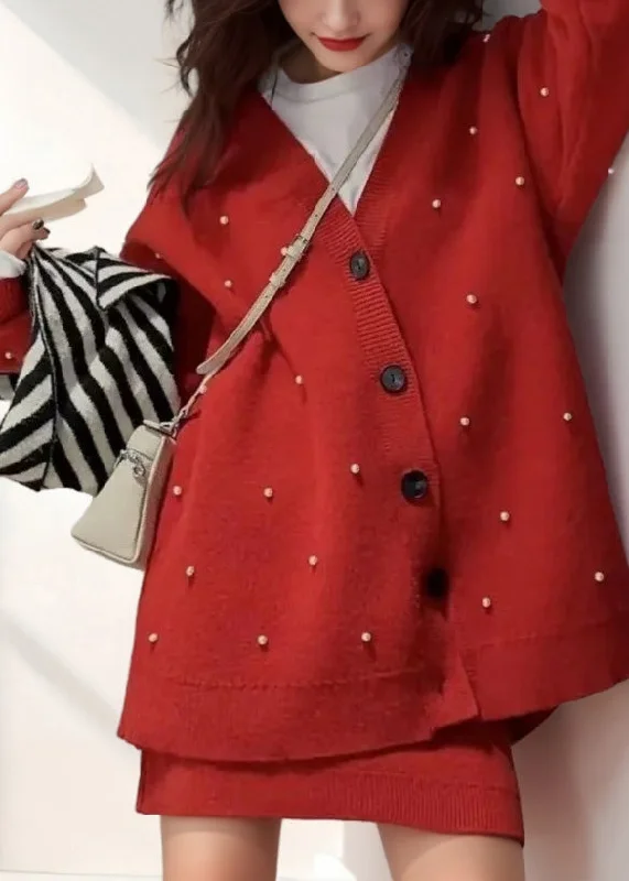 Weekend Comfort Fashion Red V Neck Nail Bead Cotton Knit Cardigan And Skirts Two Pieces Set Winter