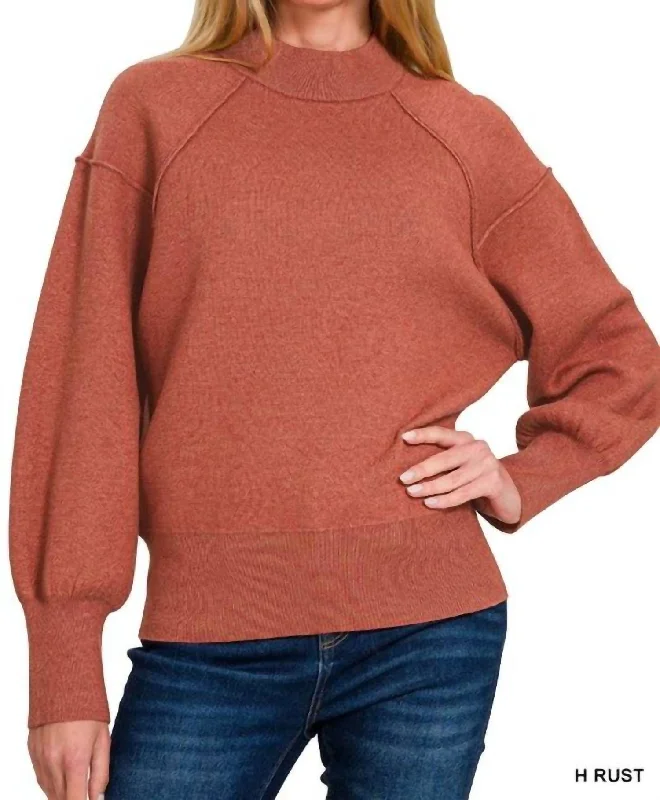 Energy Wear Elana Mock Neck Exposed Seam Sweater In Rust