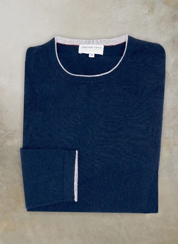 Romantic Temperament Men's Sanremo Cashmere Long Sleeve Crew Neck Shirt Sweater in Navy