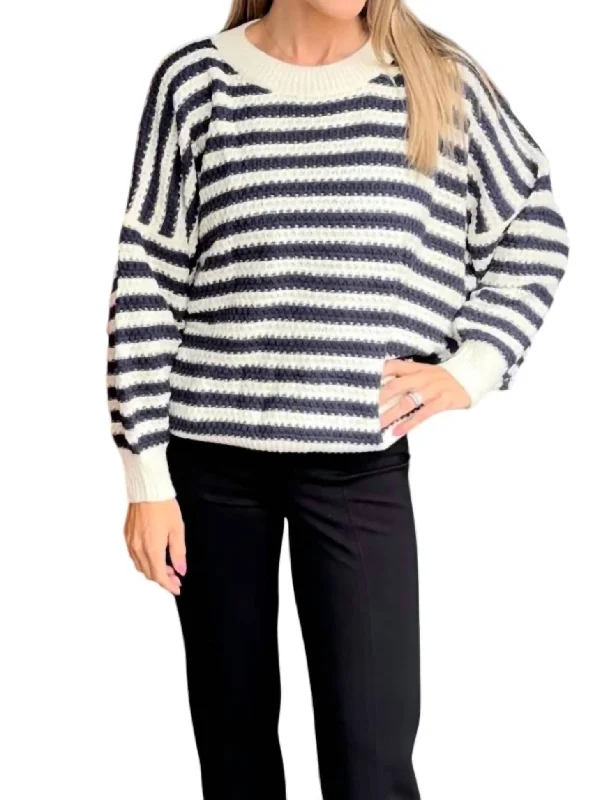 All-Day Comfort Striped Crochet Sweater In Navy