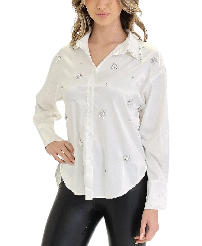 Free And Casual Satin Blouse w/ Sequin & Pearls