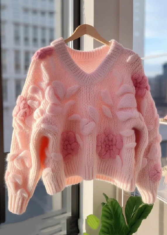 Cozy Look Floral Pink V Neck Original Design Knit Cardigans Fall