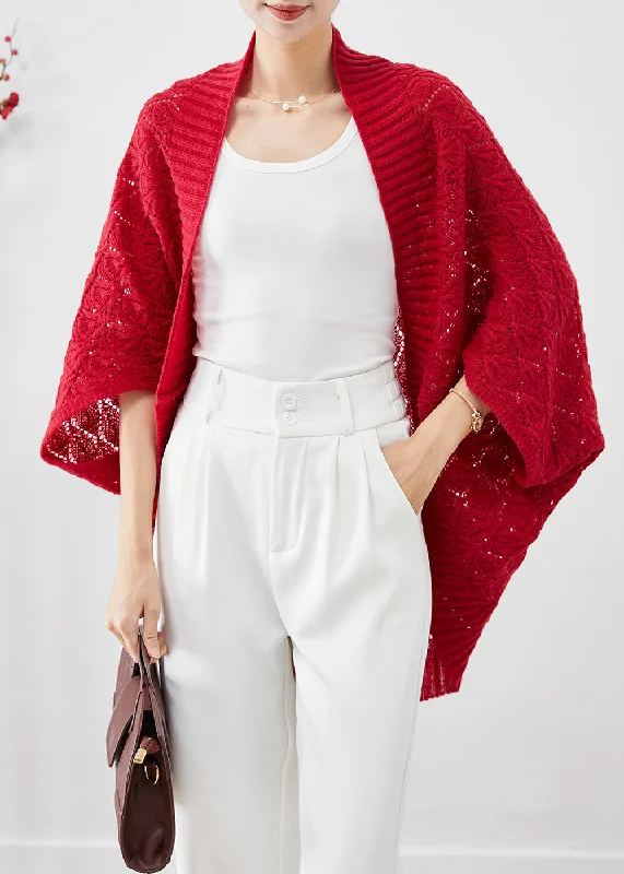 Romantic Data Fashion Red Oversized Hollow Out Knit Cardigan Fall