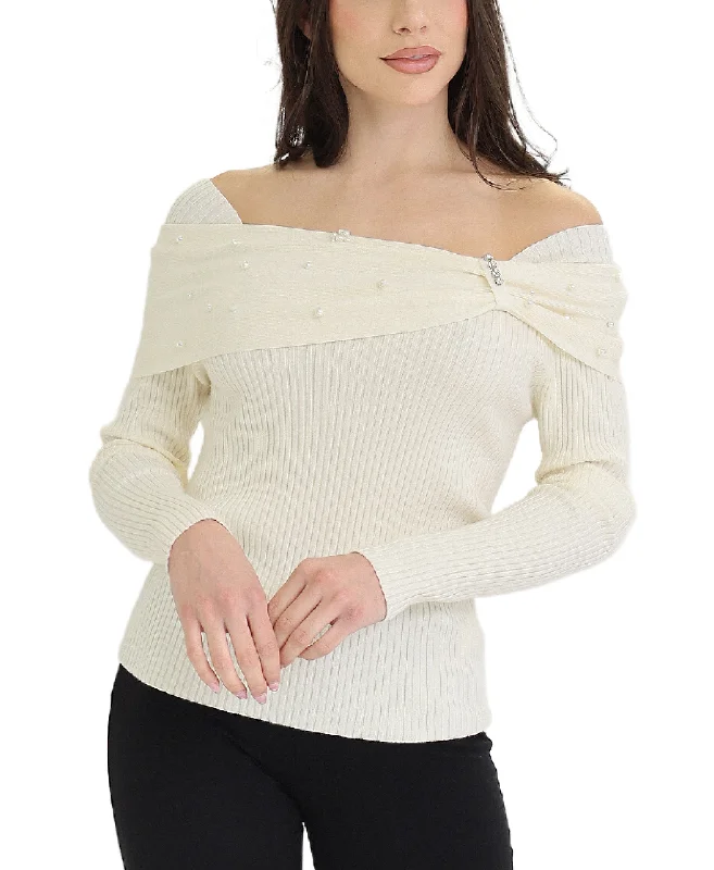 Street Fashion Off Shoulder Top w/ Pearls & Rhinestones