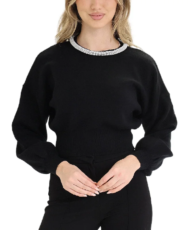 Trendy Comfort Crop Sweater w/ Rhinestone Collar