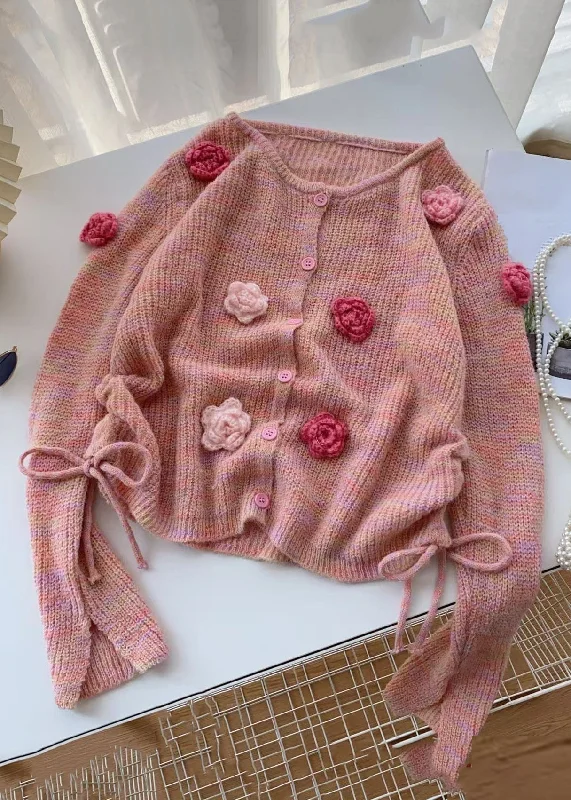 Elegant Fit Floral Pink O Neck Button Lace Up Knit Cardigan Winter