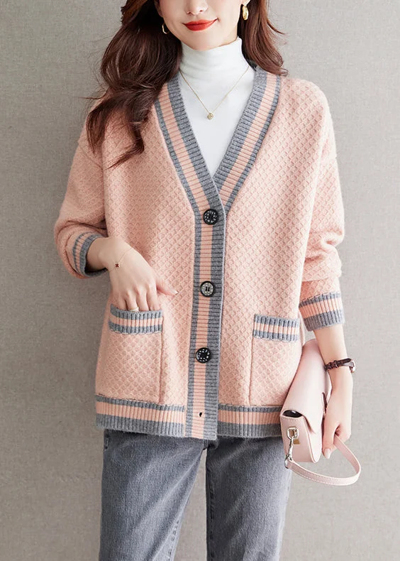 Effortless Wear Elegant Pink V Neck Button Patchwork Knit Cardigan Fall