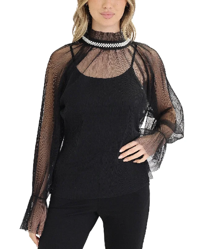 Cozy Essentials Mesh Blouse w/ Pearl Trim