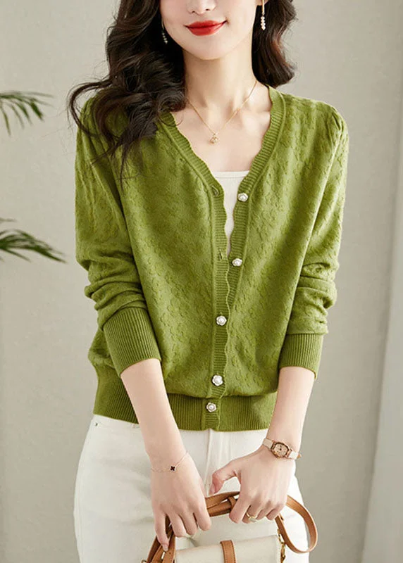 Exquisite Details Green Embroideried Button Solid Knit Cardigans Fall